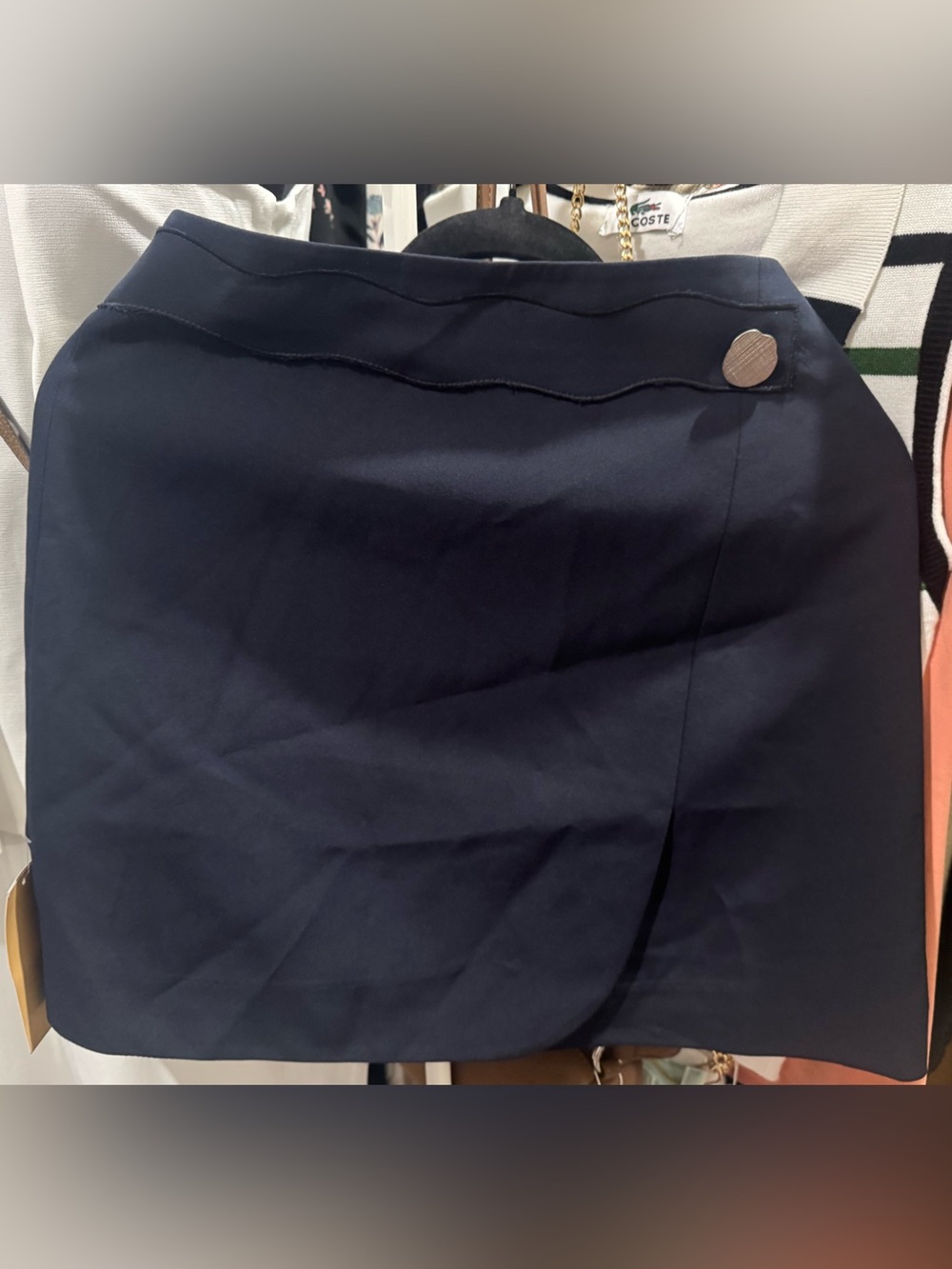 Navy Wrap-Style Mini Skirt with Decorative Button